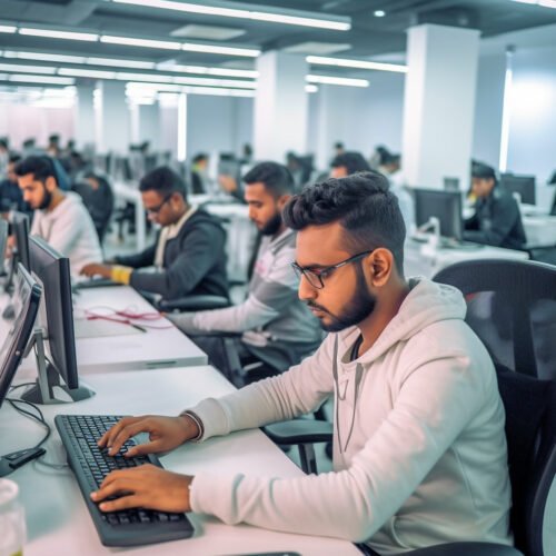 web developer working in a large modern office with many other developers using a desktop computer in Sri Lanka