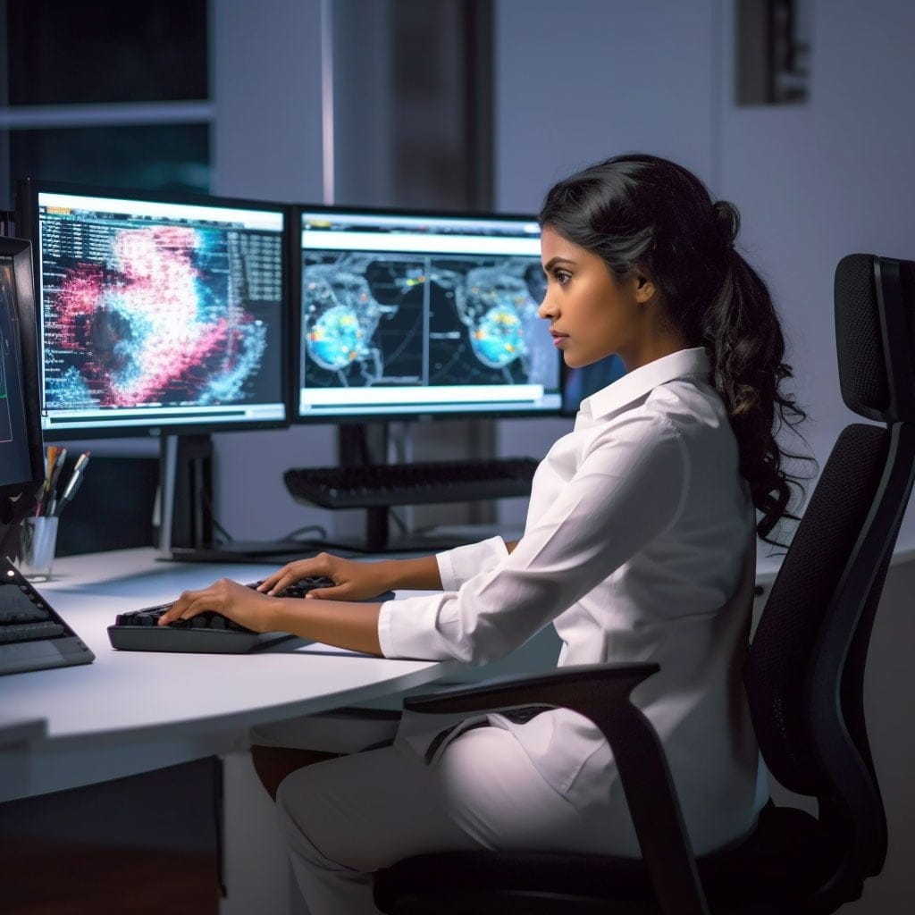 An attractive lady web developer using a high end workstation to develop an advance web application development project in Sri Lanka