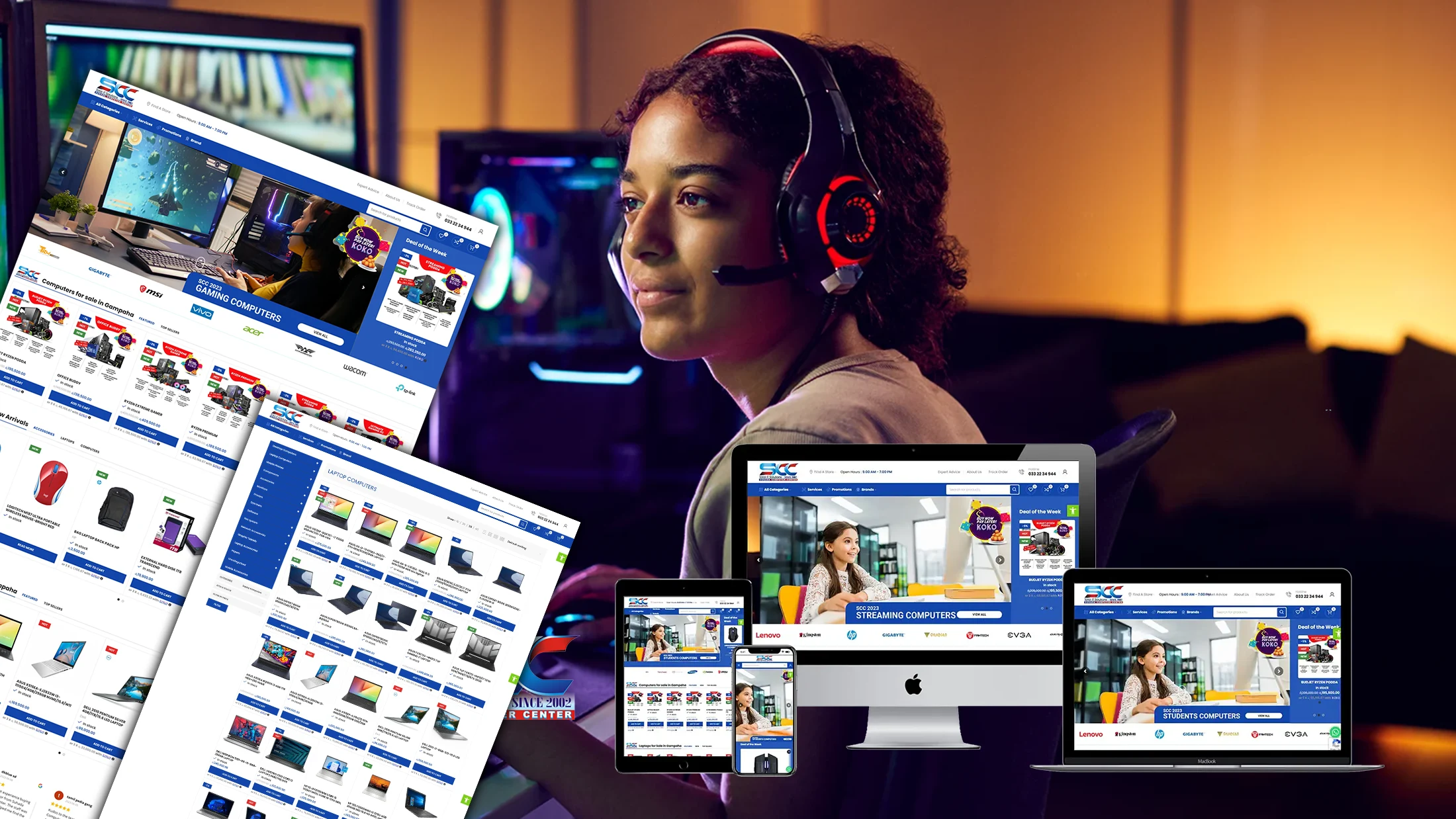 ecommerce website screenshots and a mockup with a user in the background