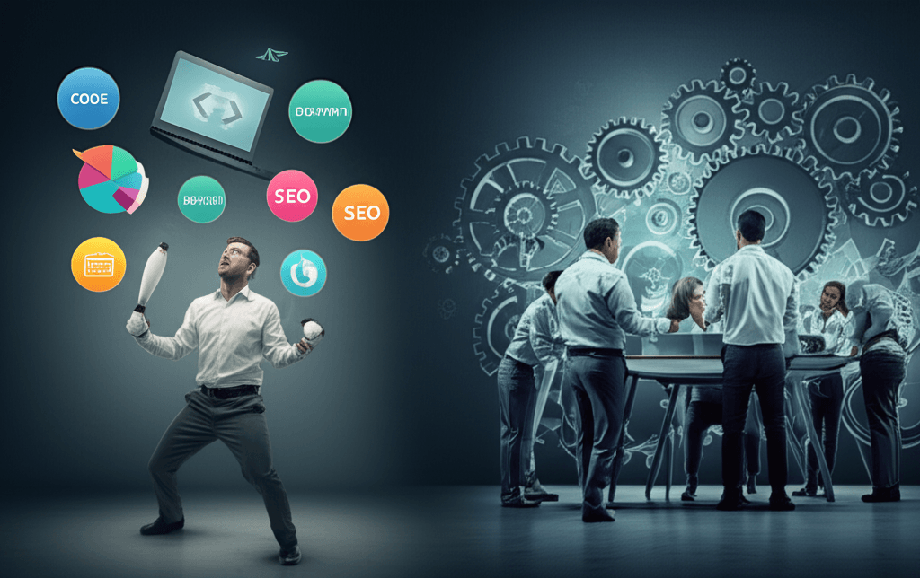 An illustration comparing the comprehensive skills of an agency team to a single freelancer.