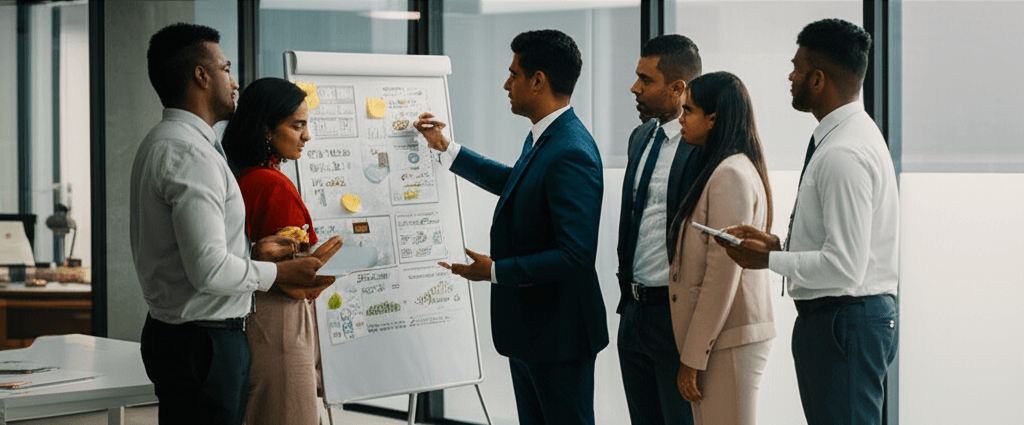 A business team in Sri Lanka planning a website redesign strategy.