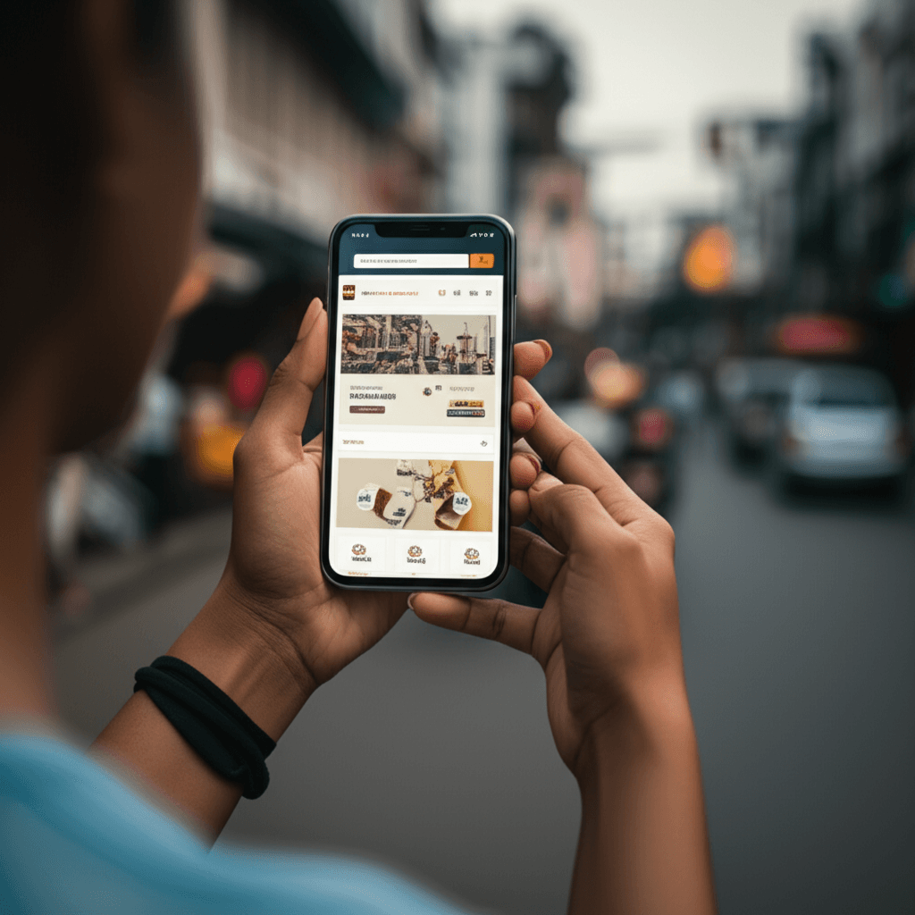 A person using a mobile phone to browse a locally-designed Sri Lankan website.