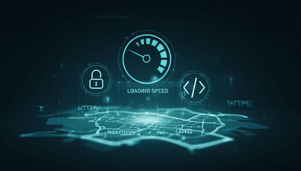 An illustration of technical and local SEO elements for a website.