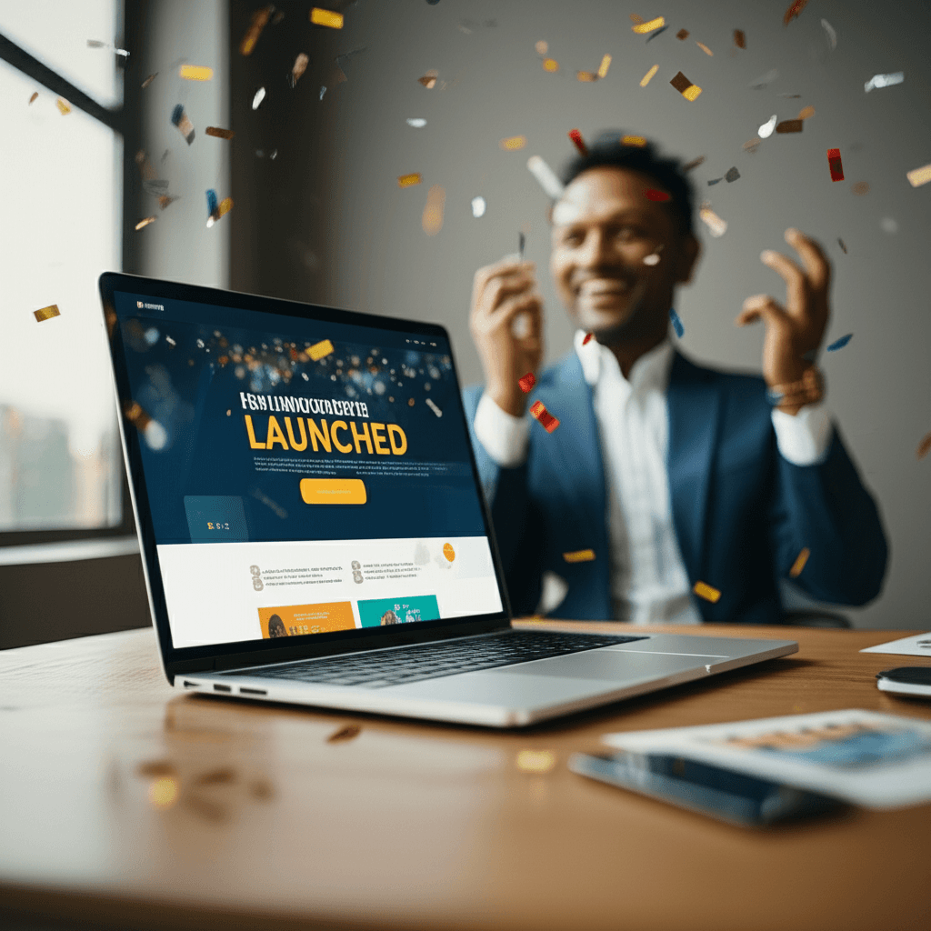 A business owner celebrates the successful launch of their redesigned website.