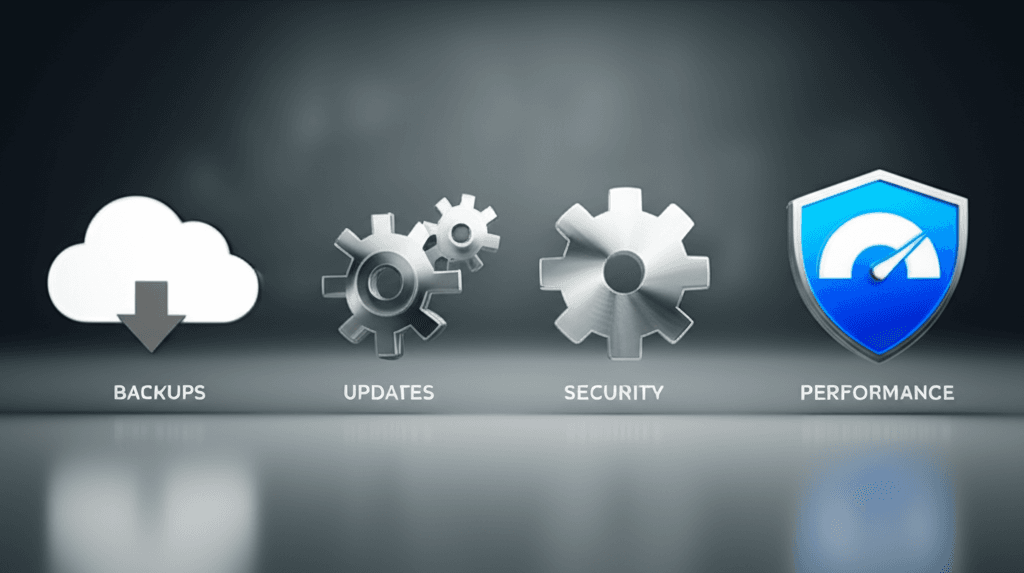 Infographic showing core web maintenance services: backups, updates, security, and performance.