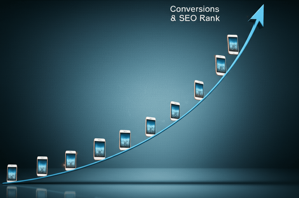 A graph demonstrating how mobile-first web design positively impacts SEO ranking and business conversions.