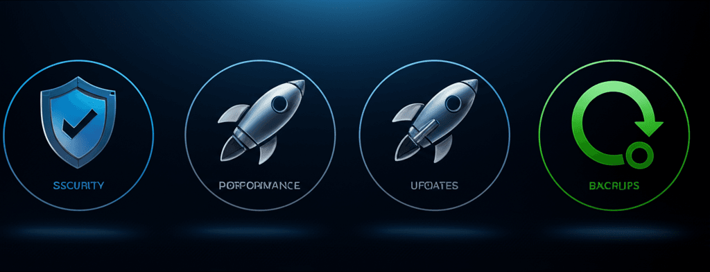 An infographic showing the core components of our web maintenance packages: security, performance, updates, and backups.