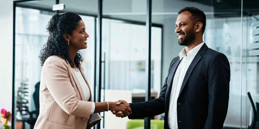 A Mobiz consultant and a startup founder shaking hands, sealing their partnership for a new web project.