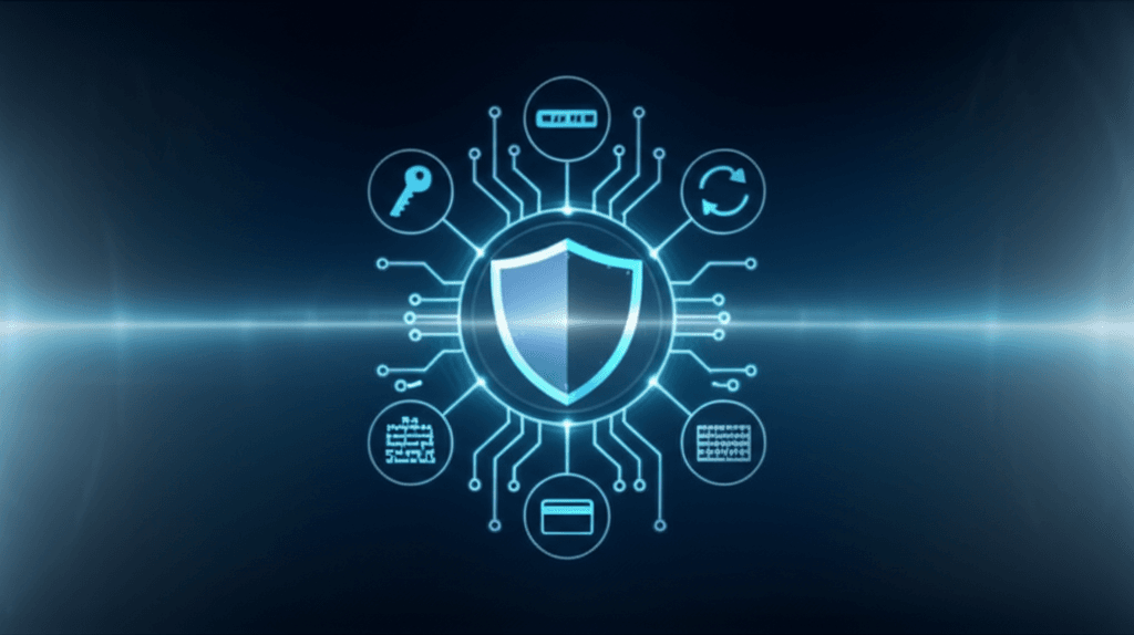 Icons representing multiple layers of website security, including firewalls and strong passwords.