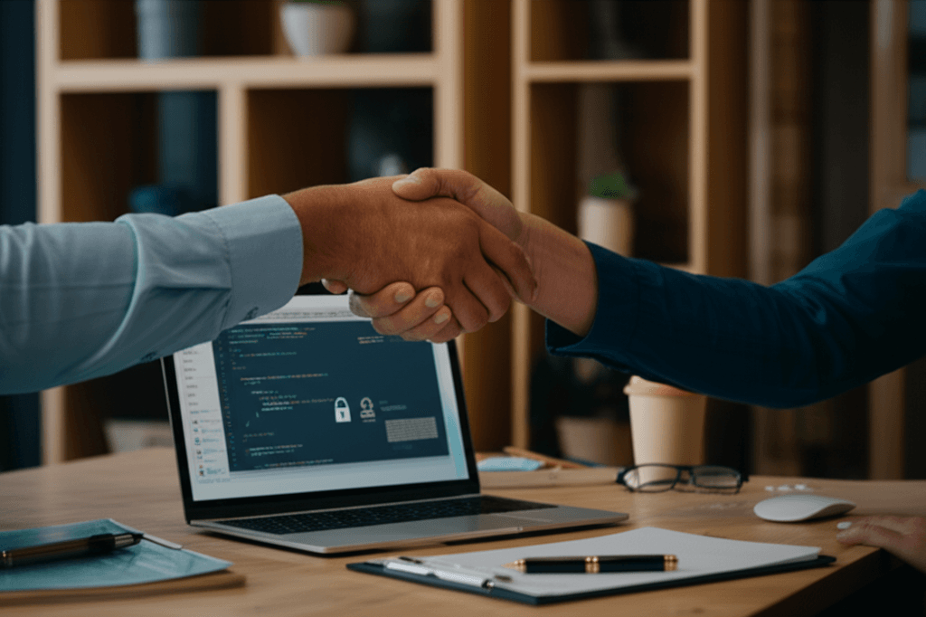 A web developer discussing website security with a business owner in Gampaha.