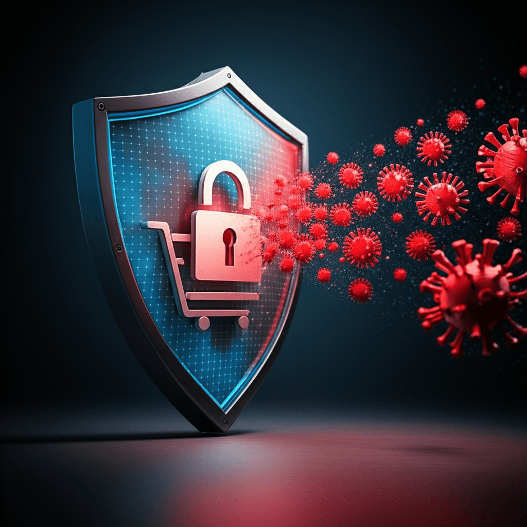 A digital shield protecting a shopping cart, symbolizing e-commerce security.