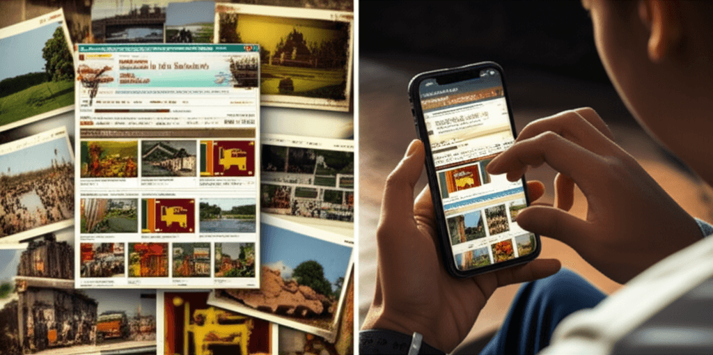 A comparison of an outdated tourism website and a user struggling to view it on a mobile device.