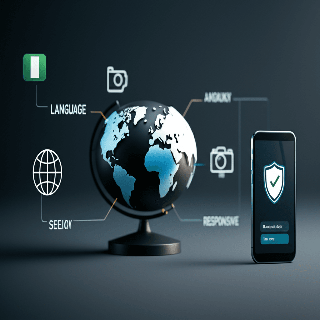 Infographic showing essential features for an export business website design.