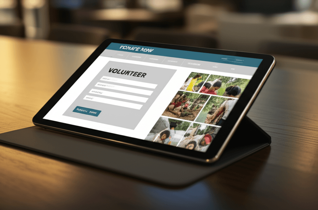 A mock-up of an NGO website highlighting essential features like donation and volunteer forms.