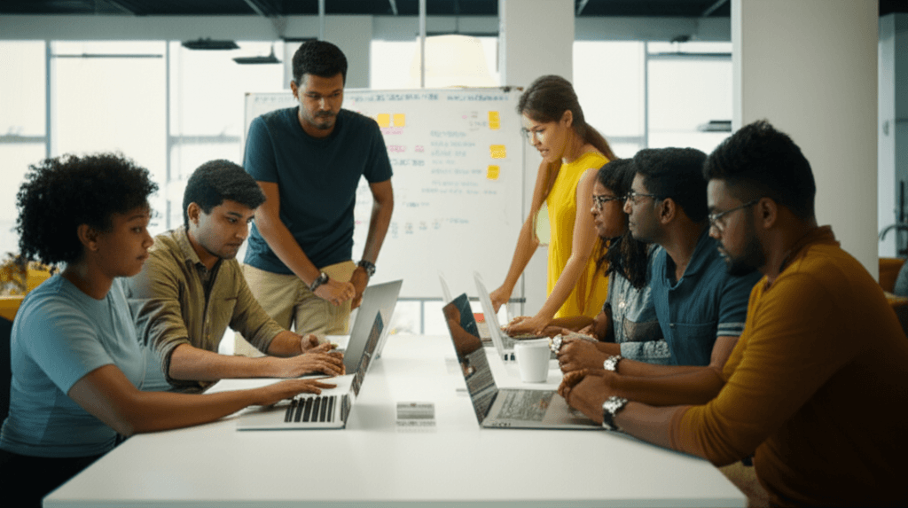 A team of Sri Lankan web developers brainstorming ideas for a client website.