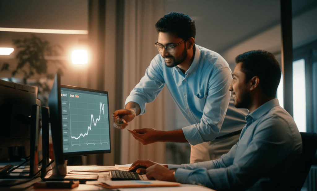 An SEO expert in Sri Lanka discussing a positive growth report with a client.