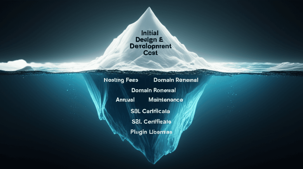 An iceberg diagram showing the visible initial web design cost vs. the hidden ongoing website expenses.