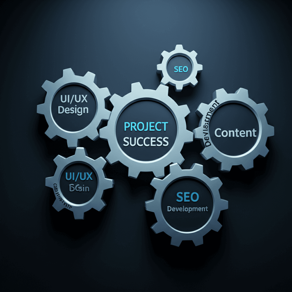 An illustration showing the integrated team of experts at a full-service web design agency.