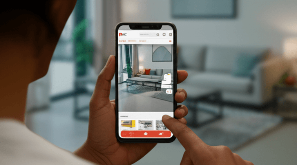 A customer using augmented reality on a website to preview furniture in their Colombo home.