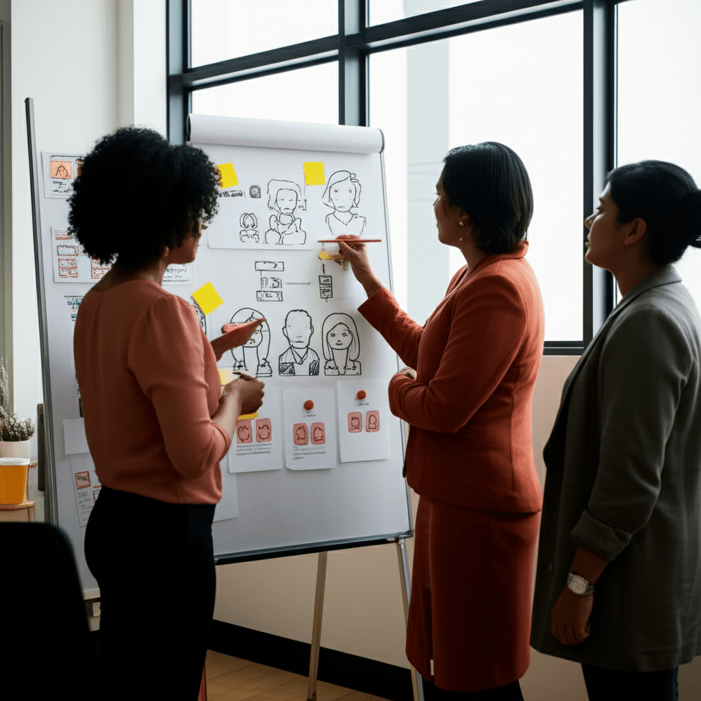 A team of professionals planning a website redesign strategy in a Sri Lankan office.