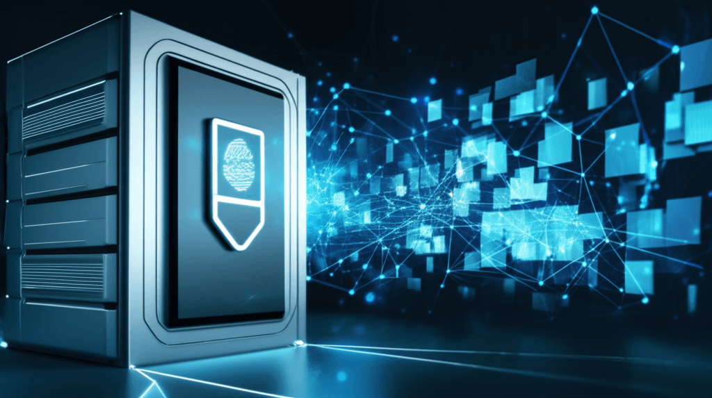 A visual representation of modern website security, featuring a biometric scanner and data vault.
