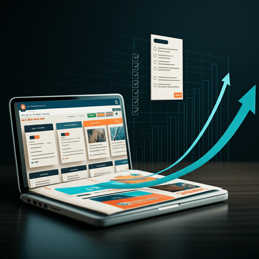 A graphic showing a report on content updates and SEO performance.