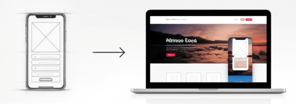 A designer's workflow showing a mobile-first design being adapted for a desktop screen.