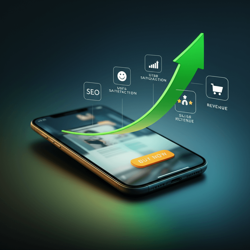 A chart showing increased SEO rankings and sales as a result of mobile-first web design.