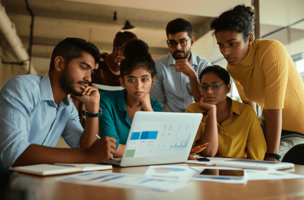 A group of Sri Lankan startup founders discussing the challenges of scaling their web project.