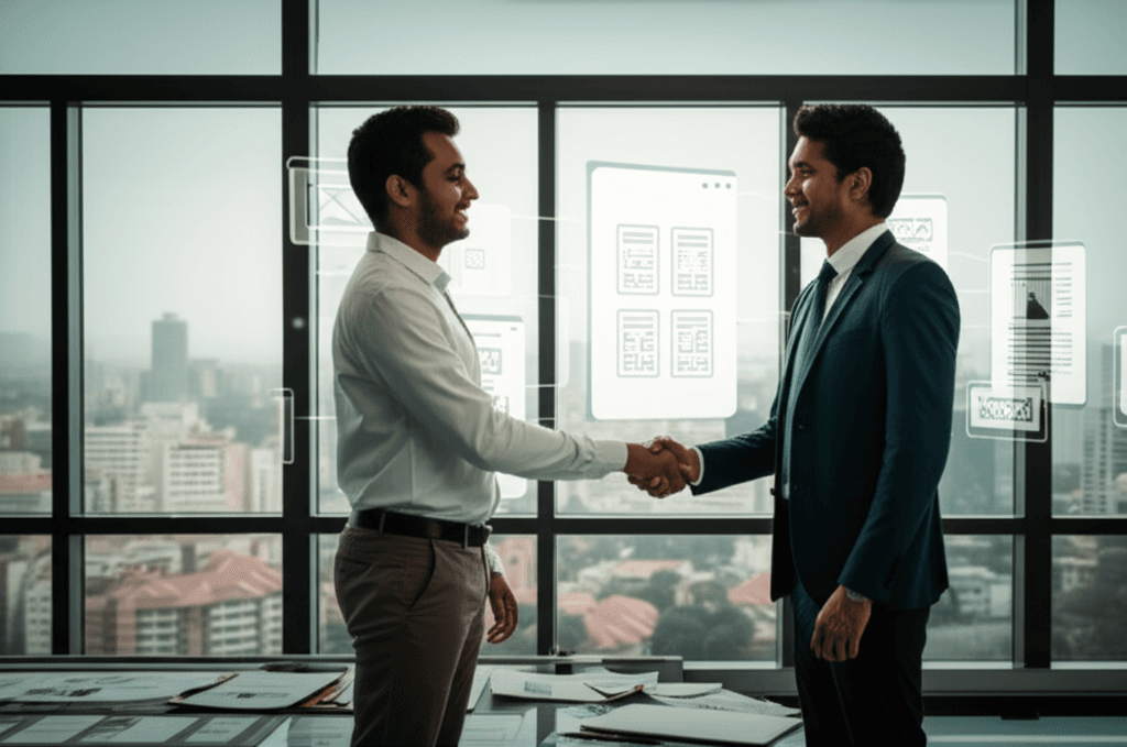 A Mobiz consultant and a startup founder shaking hands, ready to begin their growth partnership.