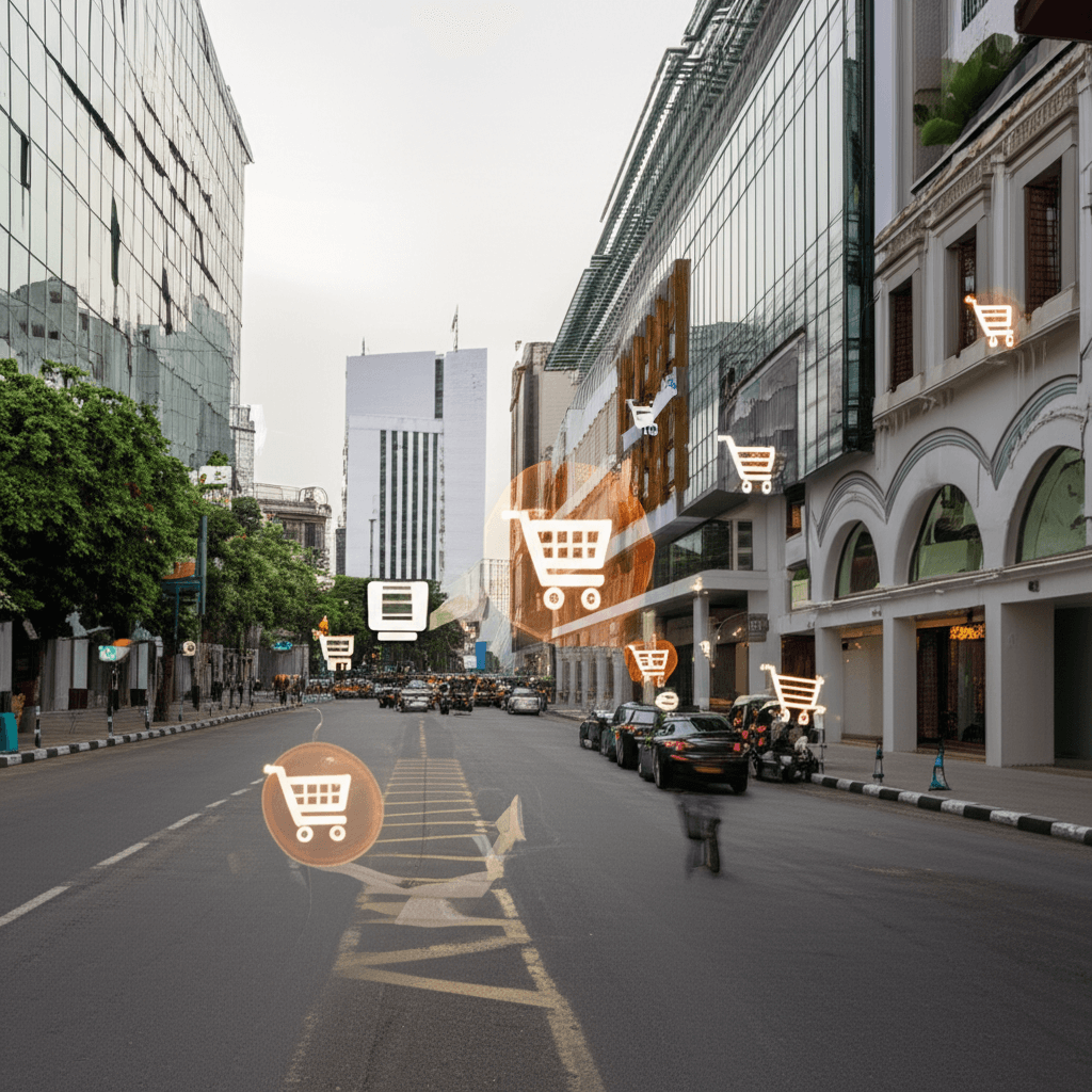 A bustling Colombo street with digital icons representing the city's growing eCommerce sector.