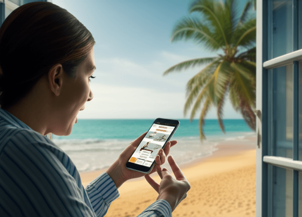 A traveler looking frustrated while navigating an outdated hotel website on a smartphone.