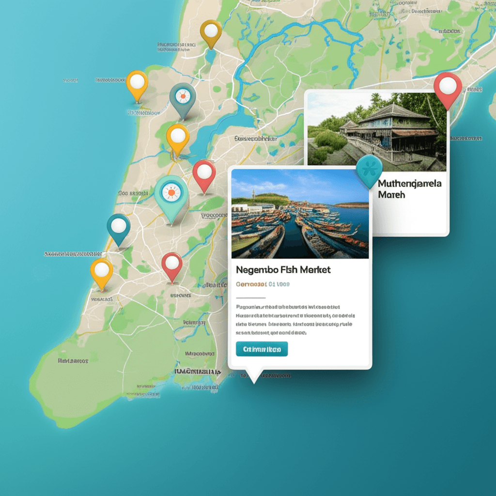 A website section showcasing an interactive map of attractions in the Gampaha coastal region of Sri Lanka.