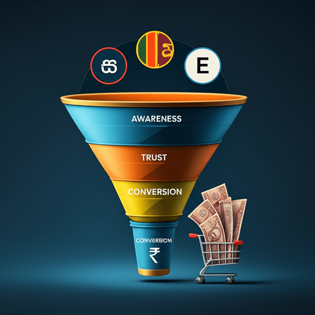 A conversion funnel demonstrating how supporting three languages leads to increased sales in Sri Lanka.