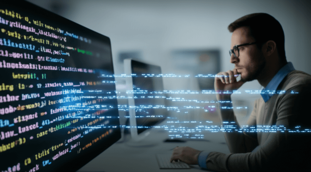 A computer screen showing AI algorithms automating coding tasks, representing job displacement.
