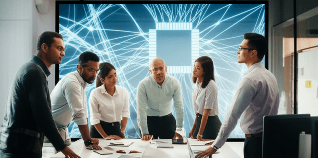 A team of software engineers working on a complex AI model, highlighting new high-skill roles.