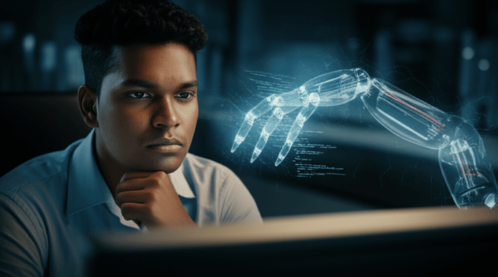 Symbolic image of a tech worker's job in Colombo being threatened by automation and AI.