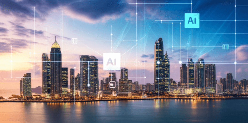 The Colombo skyline integrated with technology graphics, symbolizing Sri Lanka's future in the AI era.