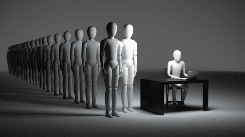 A conceptual image showing a robot replacing a human at a computer, symbolizing entry-level job cuts due to automation.