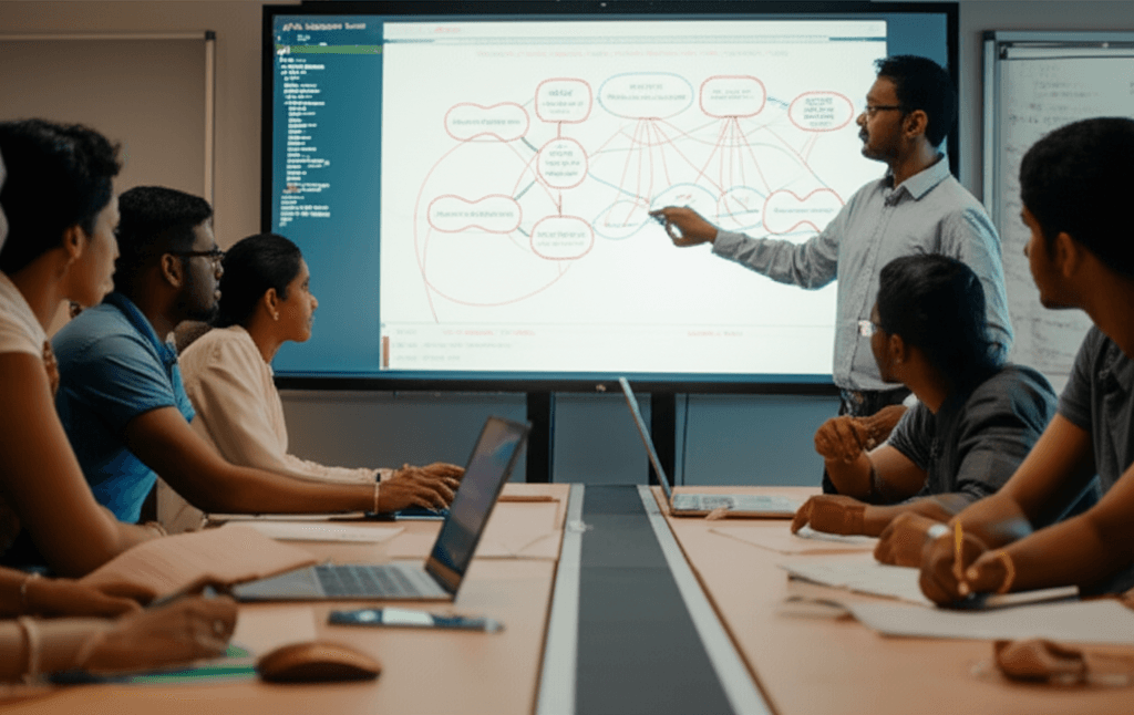 A group of tech professionals in a workshop, upskilling in AI and machine learning.