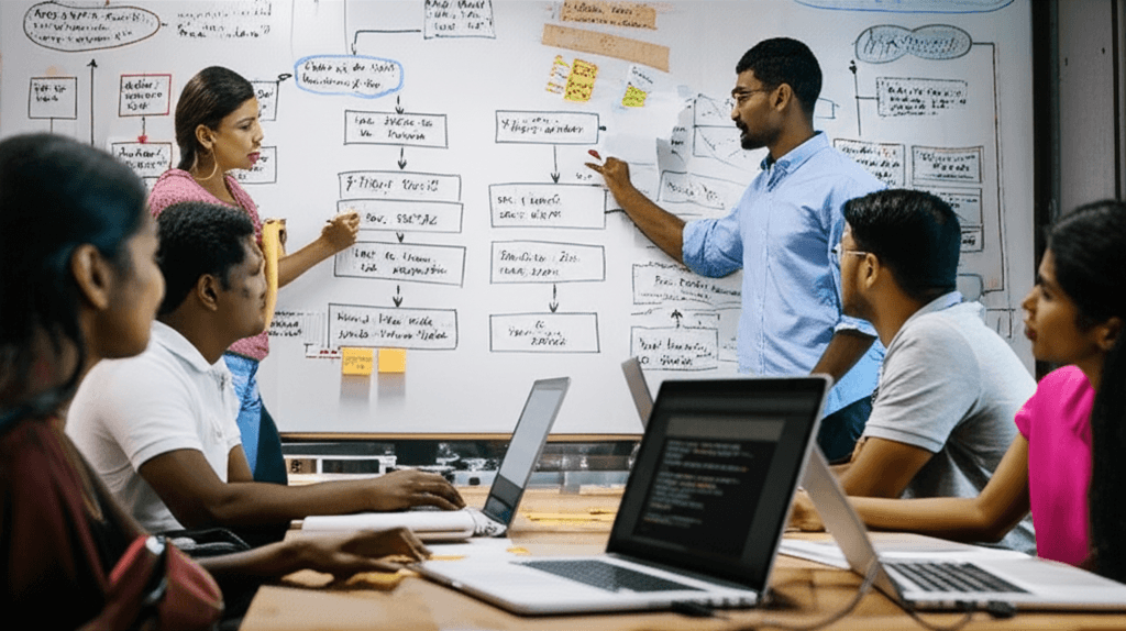 A dynamic team in a Colombo startup collaborating on an AI project.
