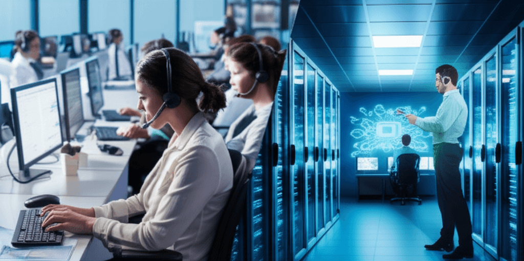 A comparison of a traditional BPO workspace and an automated AI-driven process, symbolizing the jobs at risk.