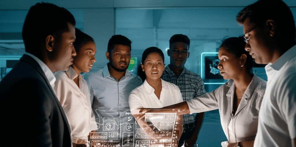 A team of young professionals in Sri Lanka working on new AI-driven jobs, representing job creation.
