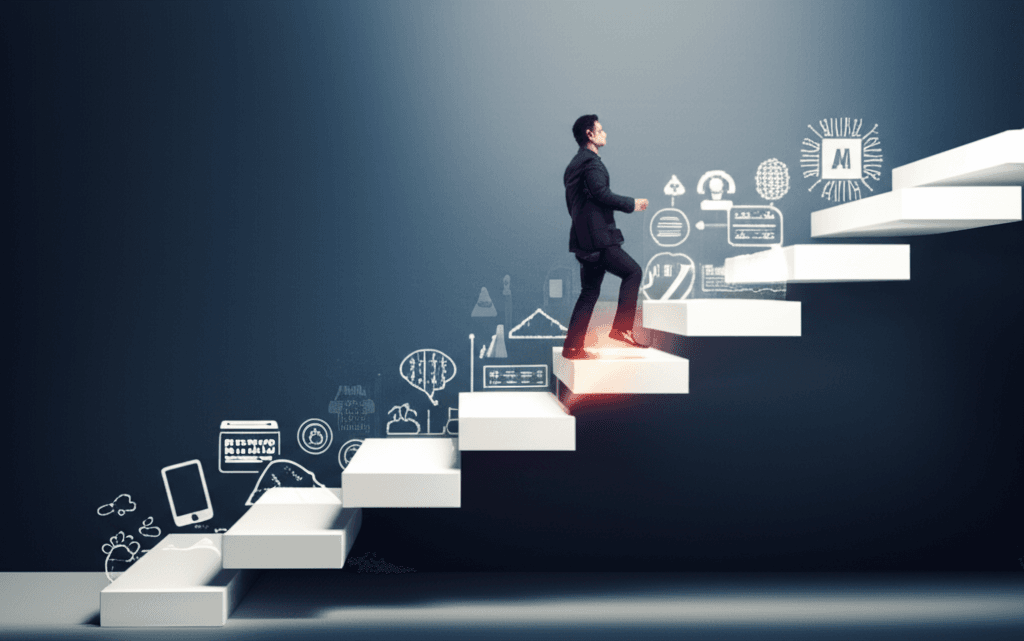 An illustration of a staircase representing the upskilling journey for Sri Lanka's BPO sector to thrive with AI.