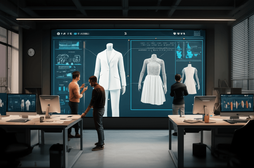 Fashion designers in a modern Sri Lankan studio using AI for trend forecasting.