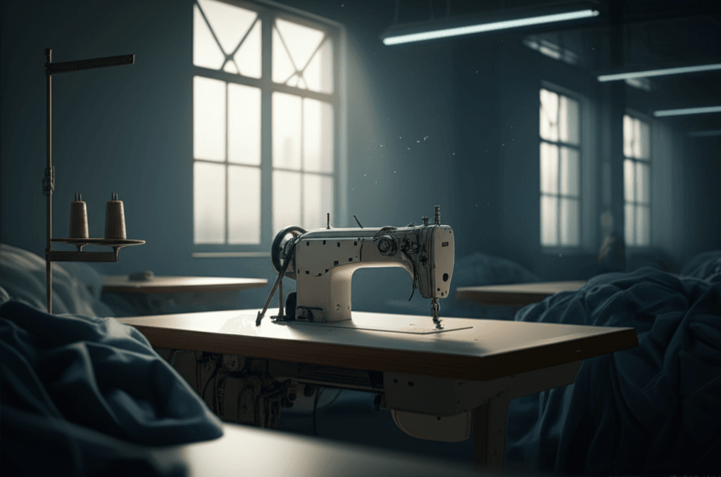 An empty sewing machine station in a Sri Lankan garment factory, symbolizing job losses due to automation.