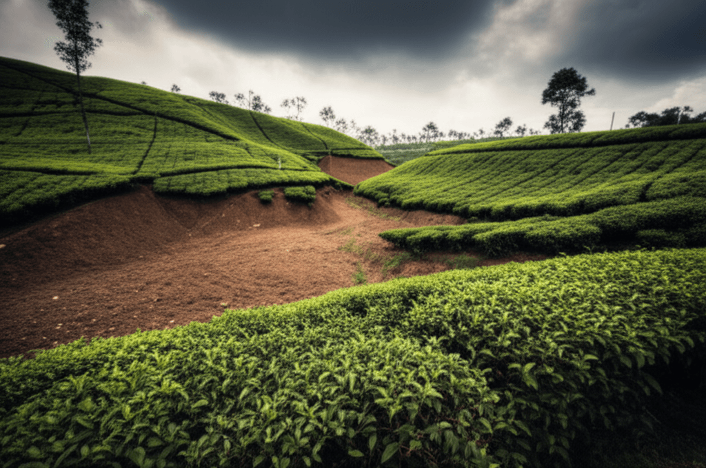 A section of a Sri Lankan tea plantation showing the negative effects of climate change and soil degradation.