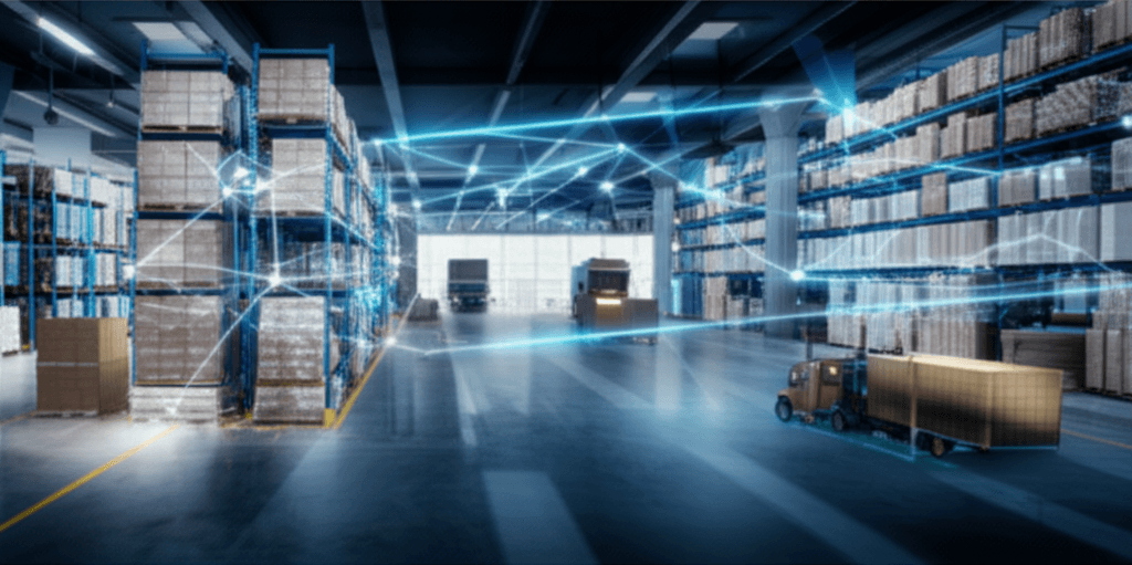 An illustration of an AI-powered supply chain optimizing logistics in a Sri Lankan apparel warehouse.