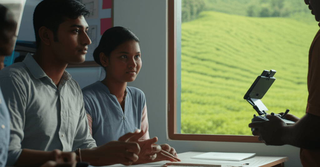 Workers on a tea plantation are being retrained to use modern agricultural technology like drones.