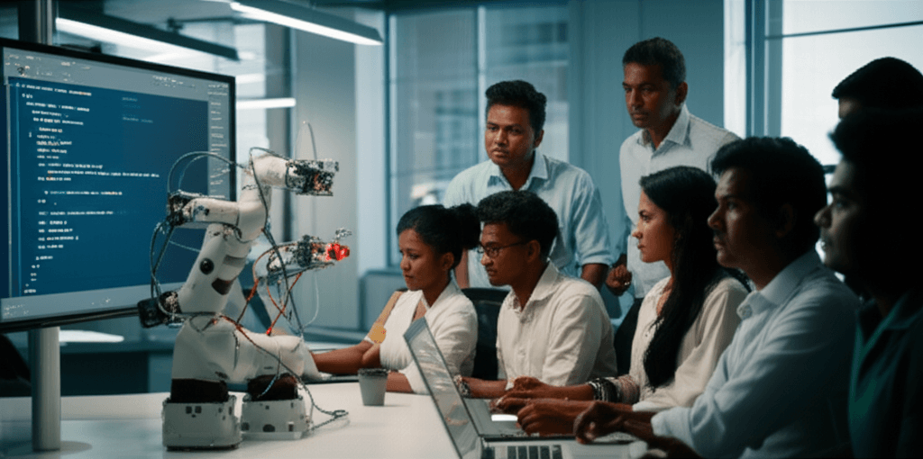 Sri Lankan apparel workers undergoing training for new technology-focused jobs.